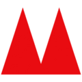 Rotes V- bzw. M-förmiges Symbol vor schwarzem Hintergrund, minimale grafische Gestaltung, klar abgegrenzte Kanten, einprägsame Farbgebung.