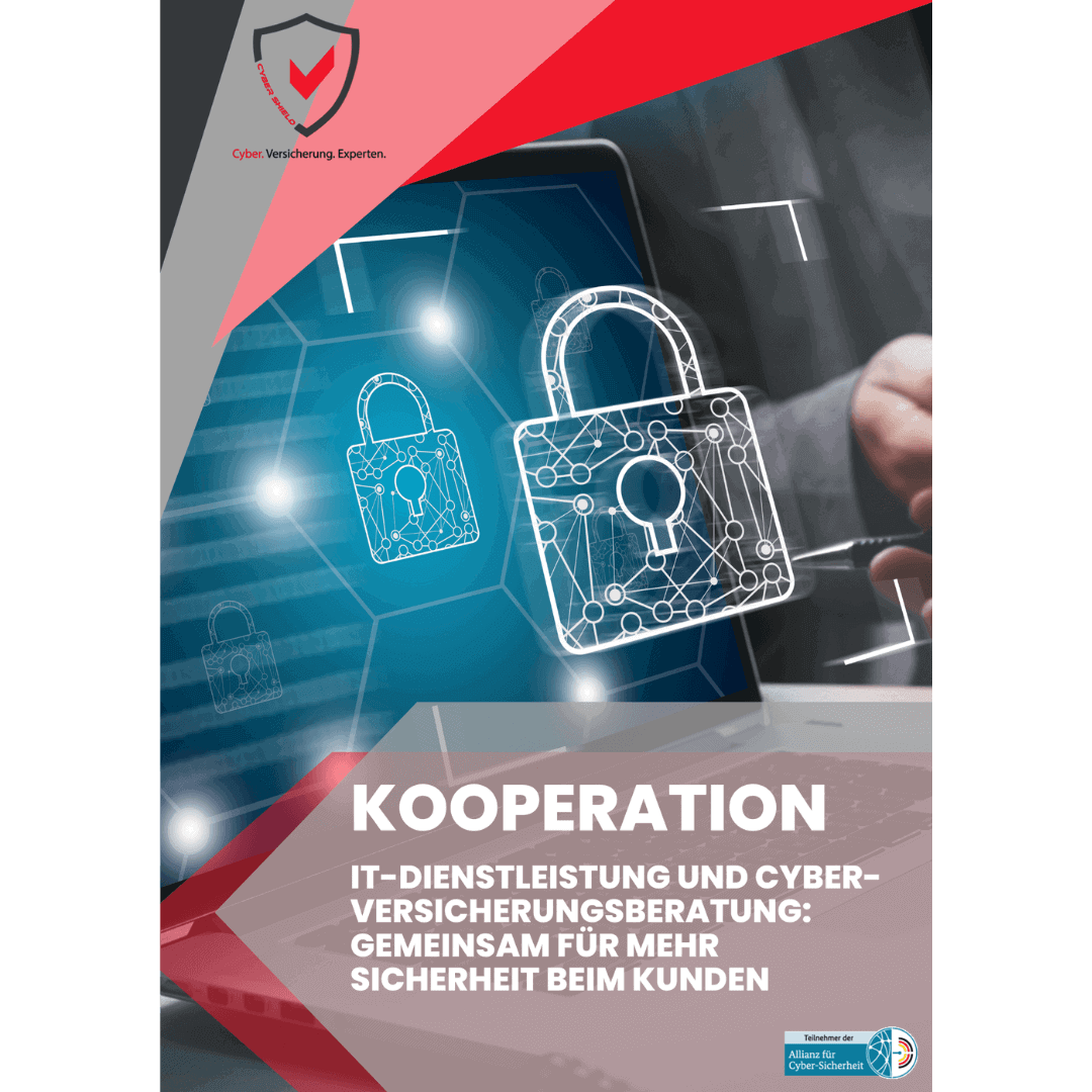 Broschüre mit einem Schloss-Symbol und dem Titel zur IT-Dienstleistung und Cyber-Versicherungsberatung.