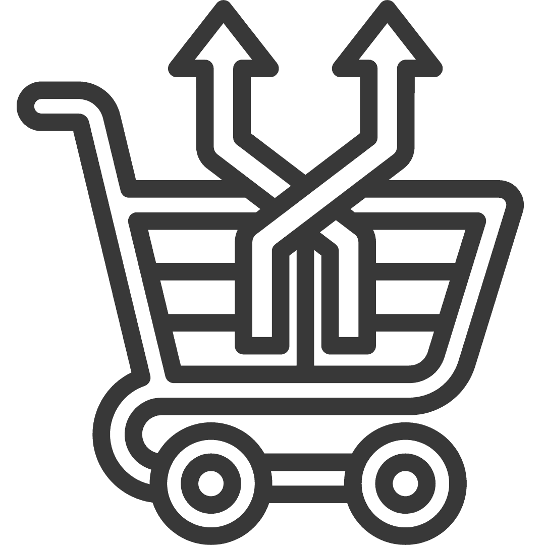 Grafik eines Einkaufswagens mit einem Kreuzverkaufs-Symbol in der Mitte.