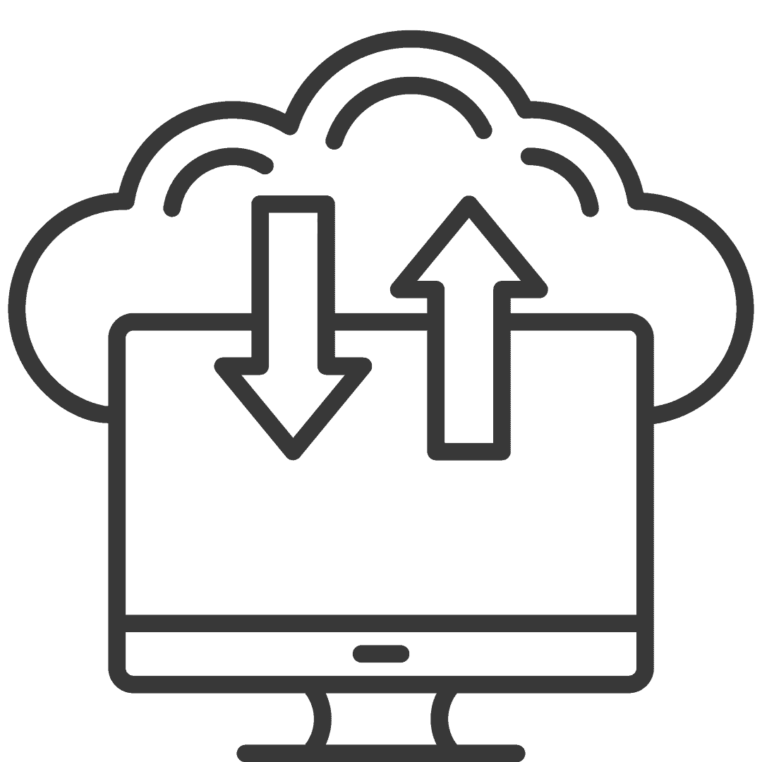 Symbol für externes Backup mit einem Computer und einer Cloud, die Datenübertragungen darstellen.