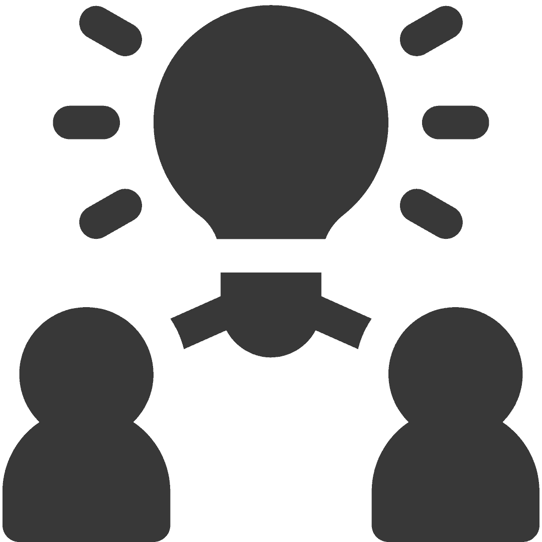 Grafische Darstellung von zwei Personen mit einer Glühbirne in der Mitte, die Zusammenarbeit symbolisiert.