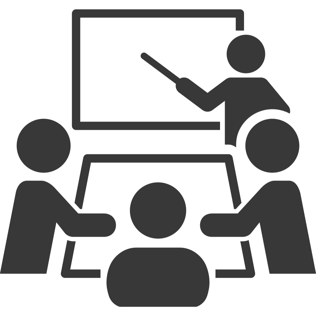 Grafik einer Mitarbeiterschulung mit einem Präsentierenden und Teilnehmern am Tisch.