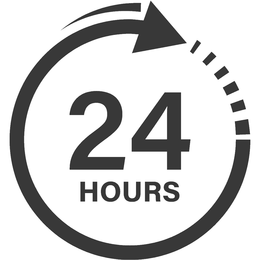 Ein einfaches Symbol mit der Aufschrift '24 Stunden' in einem kreisförmigen Design.