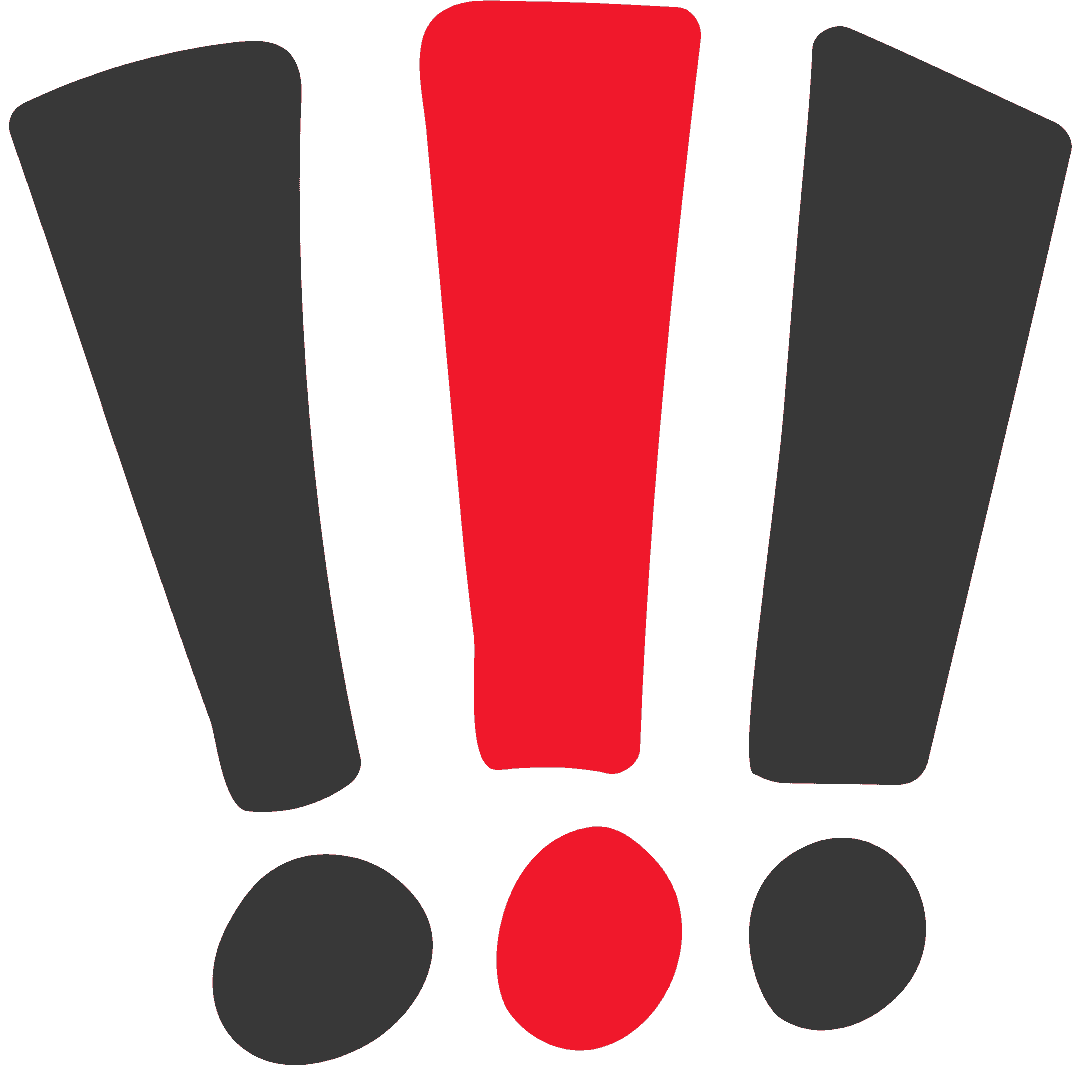 Grafisches Symbol mit einem roten Ausrufezeichen und zwei schwarzen Punkten darunter.