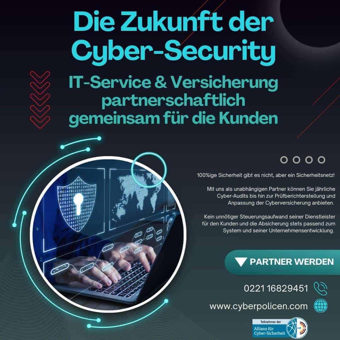Grafik mit Informationen zu IT-Service und Cyber-Security-Versicherung, einschließlich eines Sicherheitssymbols.