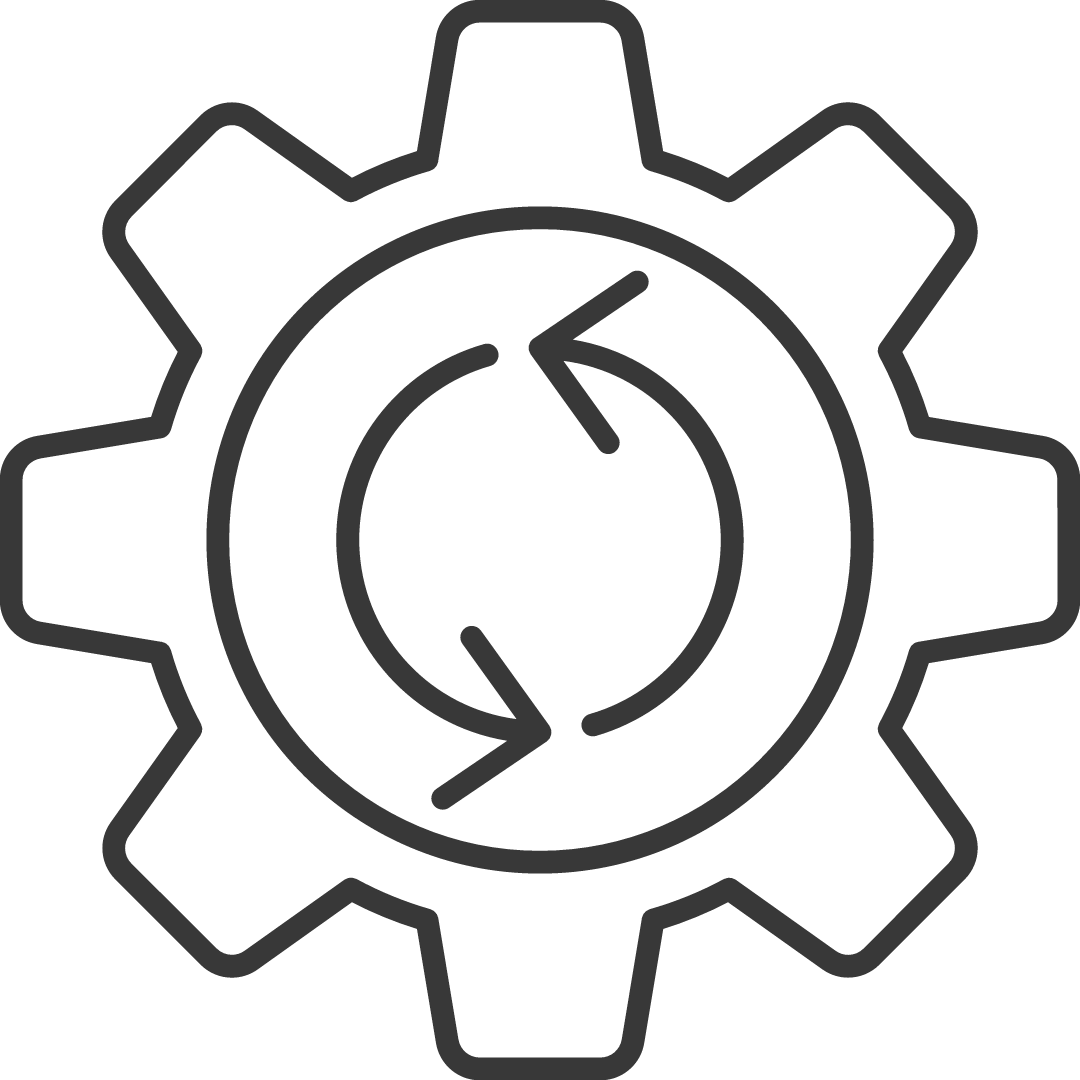 Grafik eines Zahnrads mit einem Symbol für Rücksicherung und Wiederherstellungstest in der Mitte.
