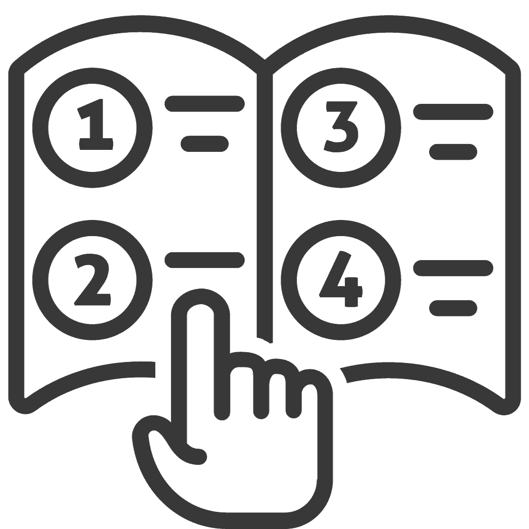 Illustration eines offenen Buches mit nummerierten Anweisungen und einem Finger, der auf einen Schritt zeigt.