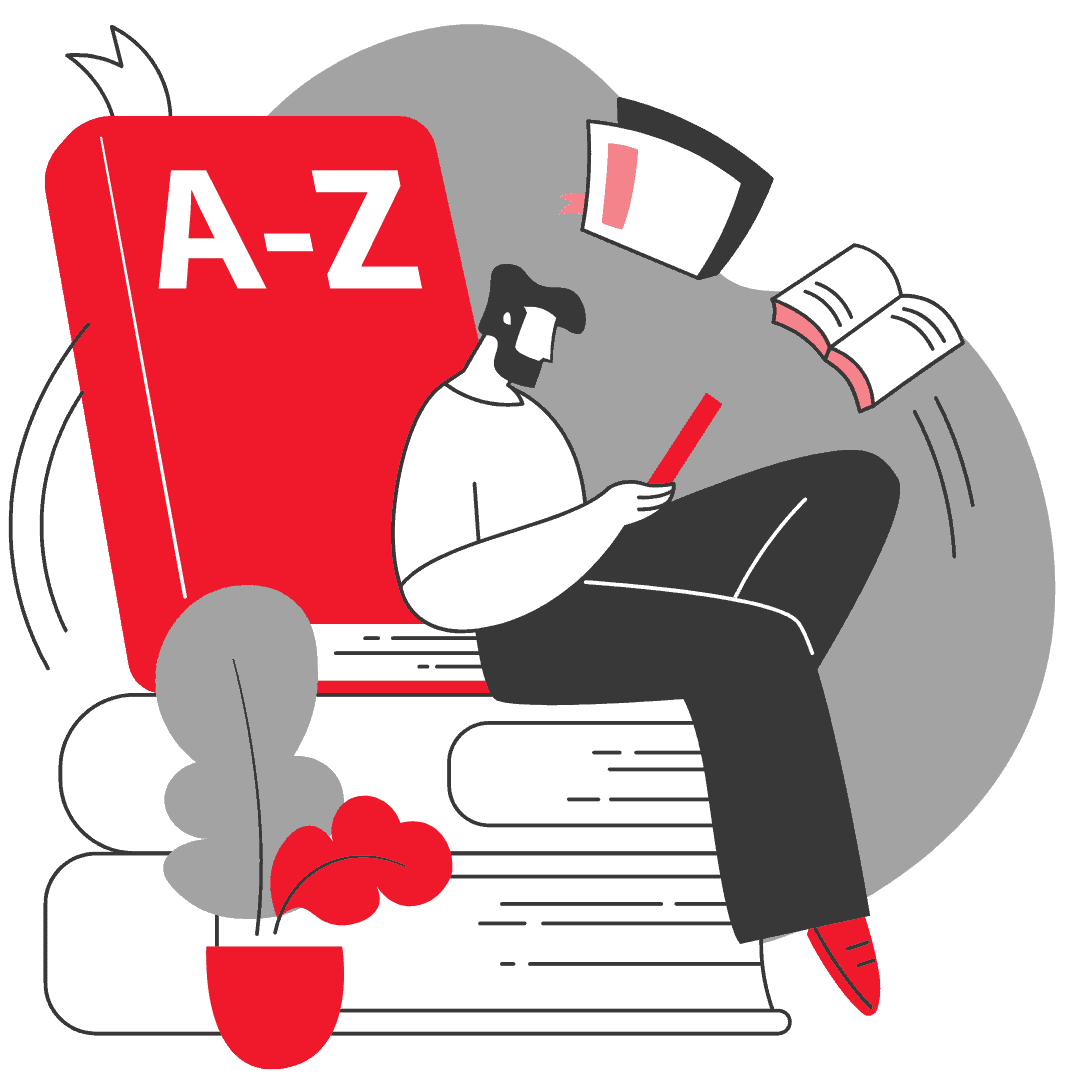 Eine Person sitzt auf einem Stapel Bücher und liest ein rotes Buch mit der Aufschrift 'A-Z'.