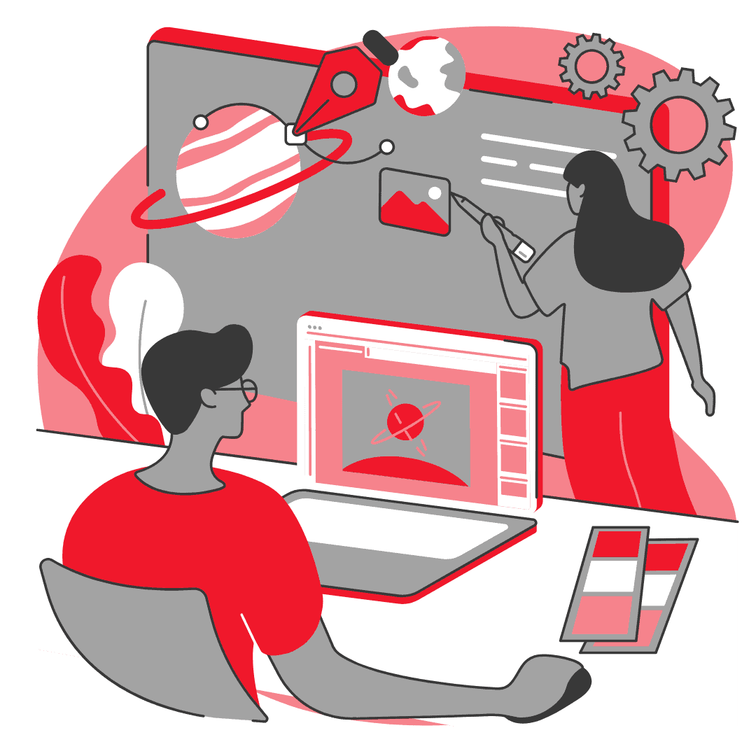 Zwei Personen arbeiten an einem Computer und interagieren mit digitalen Inhalten auf einem Bildschirm.