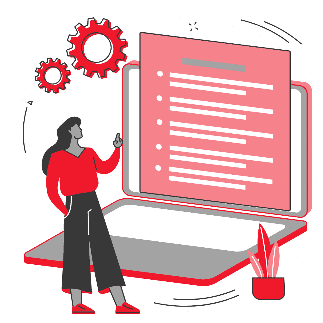 Eine Person in rotem Oberteil steht vor einem Laptop mit einer Liste auf dem Bildschirm.