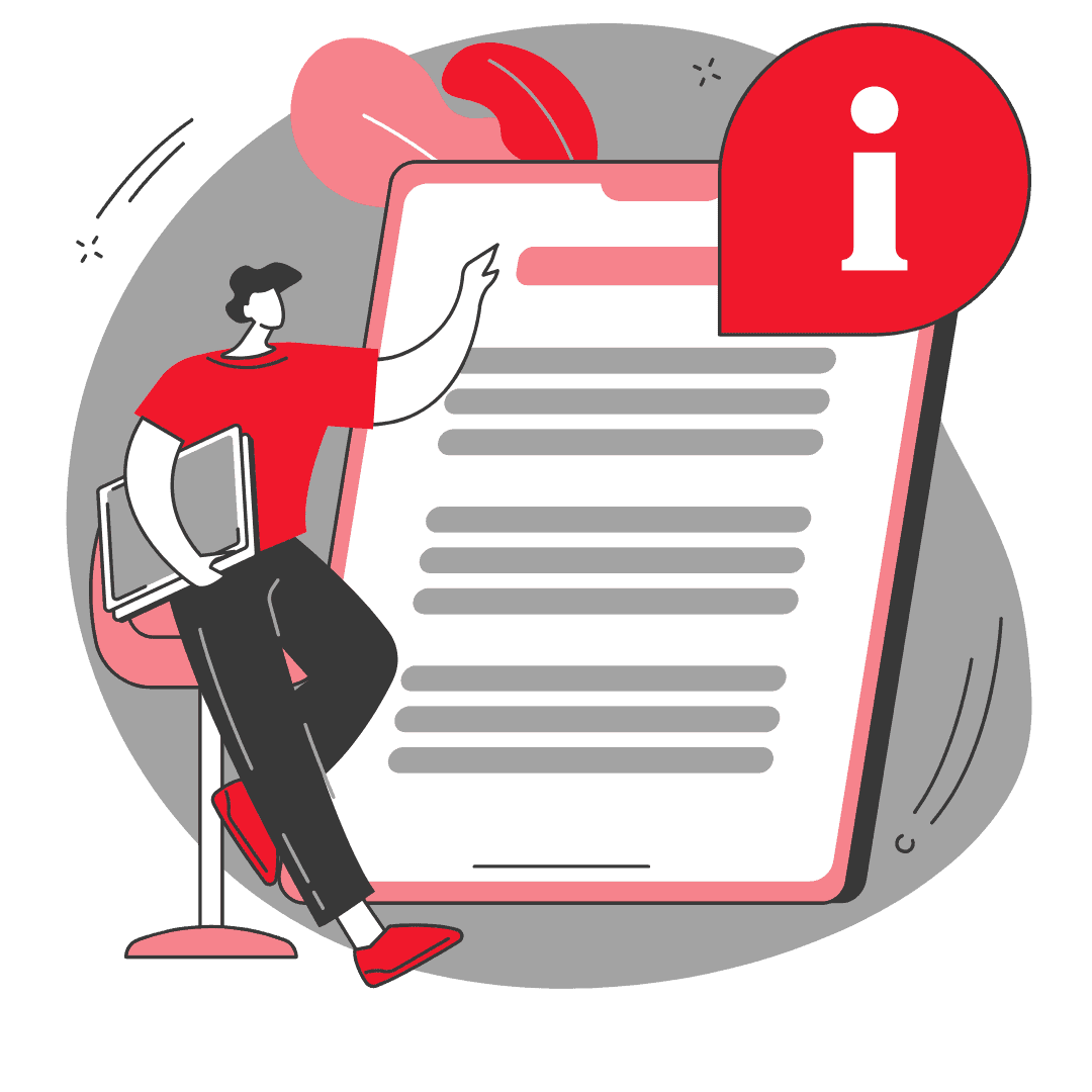 Eine Person mit einem Laptop steht neben einem Informationsdokument mit einem roten Informationssymbol.