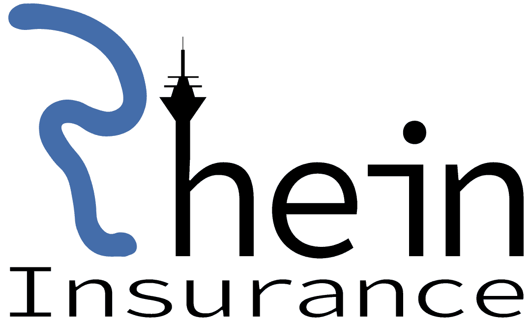 Logo der Rhein Versicherung mit stilisiertem Fluss und Turm im Design.