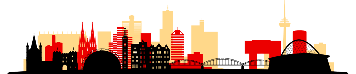 Silhouette der Stadt Köln mit markanten Gebäuden und Brücken in Rot und Beige.