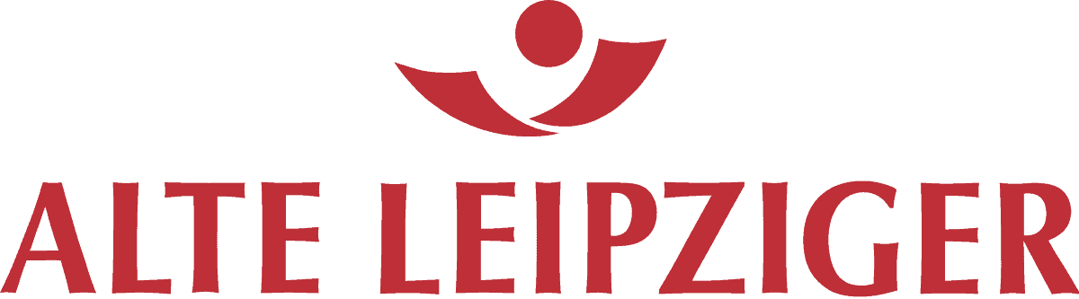 Logo der Alten Leipziger Versicherung in roter Schrift auf rotem Hintergrund.