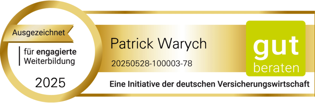 Zertifikat mit dem Namen Patrick Warych, ausgezeichnet für engagierte Weiterbildung in der Versicherungswirtschaft 2025.