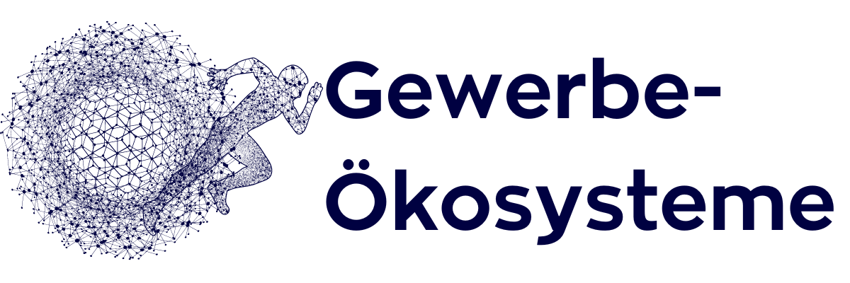 Logo für Gewerbeökosysteme mit stilisierter Figur und Netzwerkstruktur.