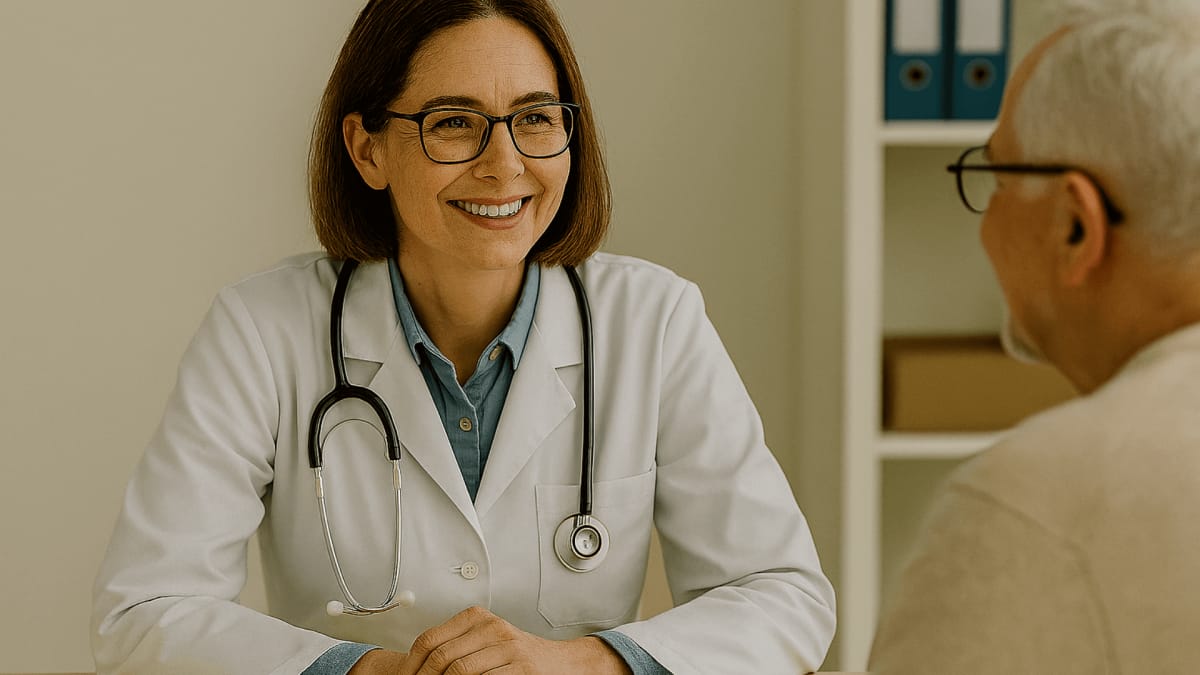 Ärztin mit Brille und Stethoskop, die mit einem älteren Patienten in einem Beratungsraum spricht.