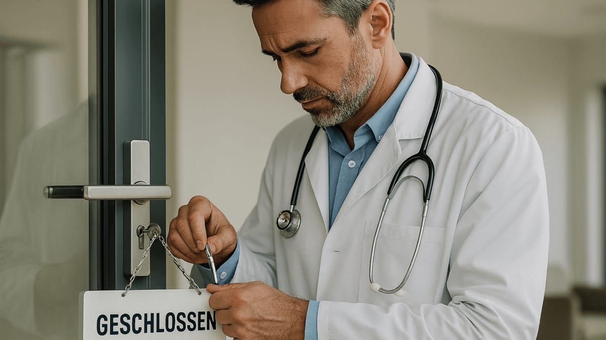 Arzt in einem weißen Kittel schließt eine Tür mit einem Schloss und einem Schild mit der Aufschrift 'GESCHLOSSEN'.
