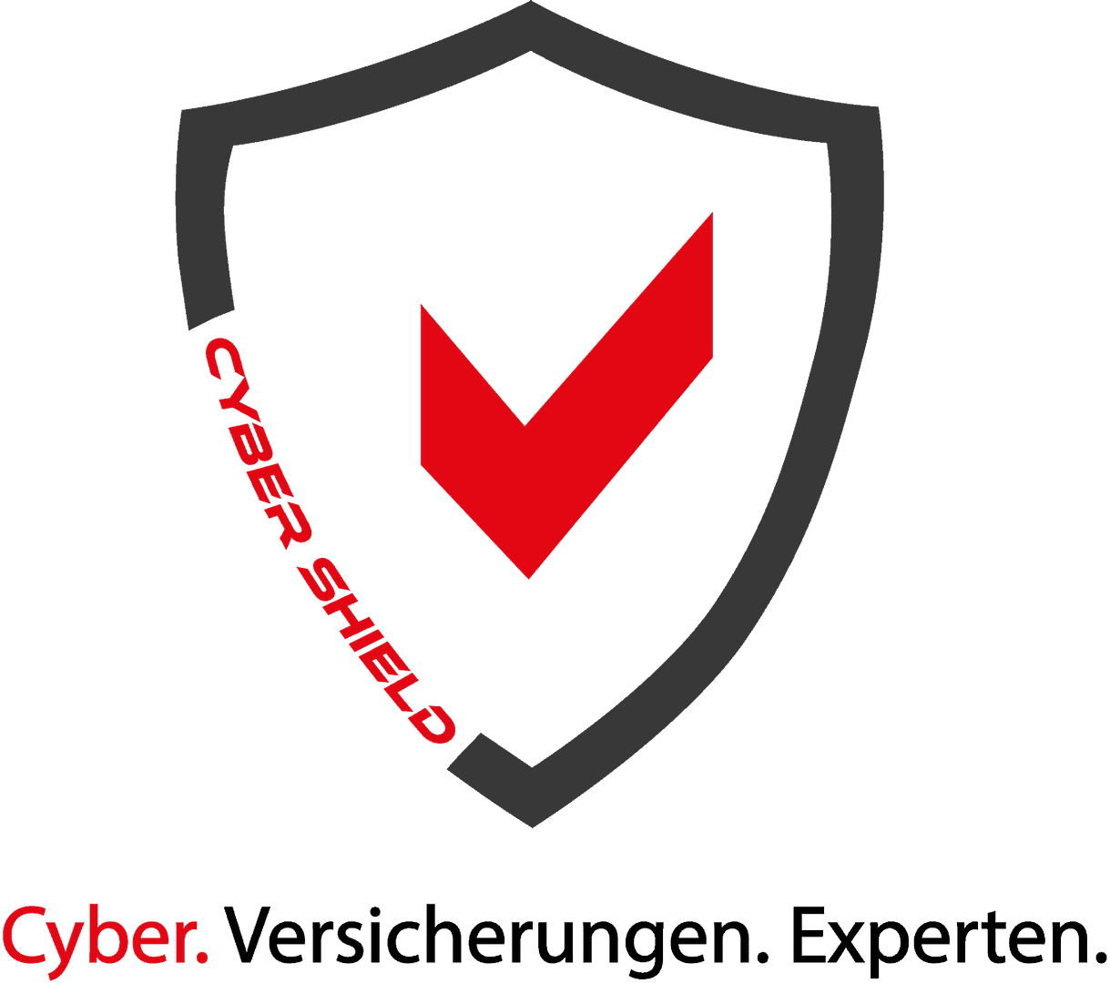 Cyberversicherung Ein dunkelgrauer Schildumriss mit einem roten Häkchen im Inneren. Auf der linken Seite erscheint in roter Schrift "CYBER SHIELD". Darunter steht in schwarzer und roter Schrift: Cyberversicherung. Cyberattacken. Experten. Schützen Sie Ihre IT vor Cyberangriffen mit einer Cyberversicherung