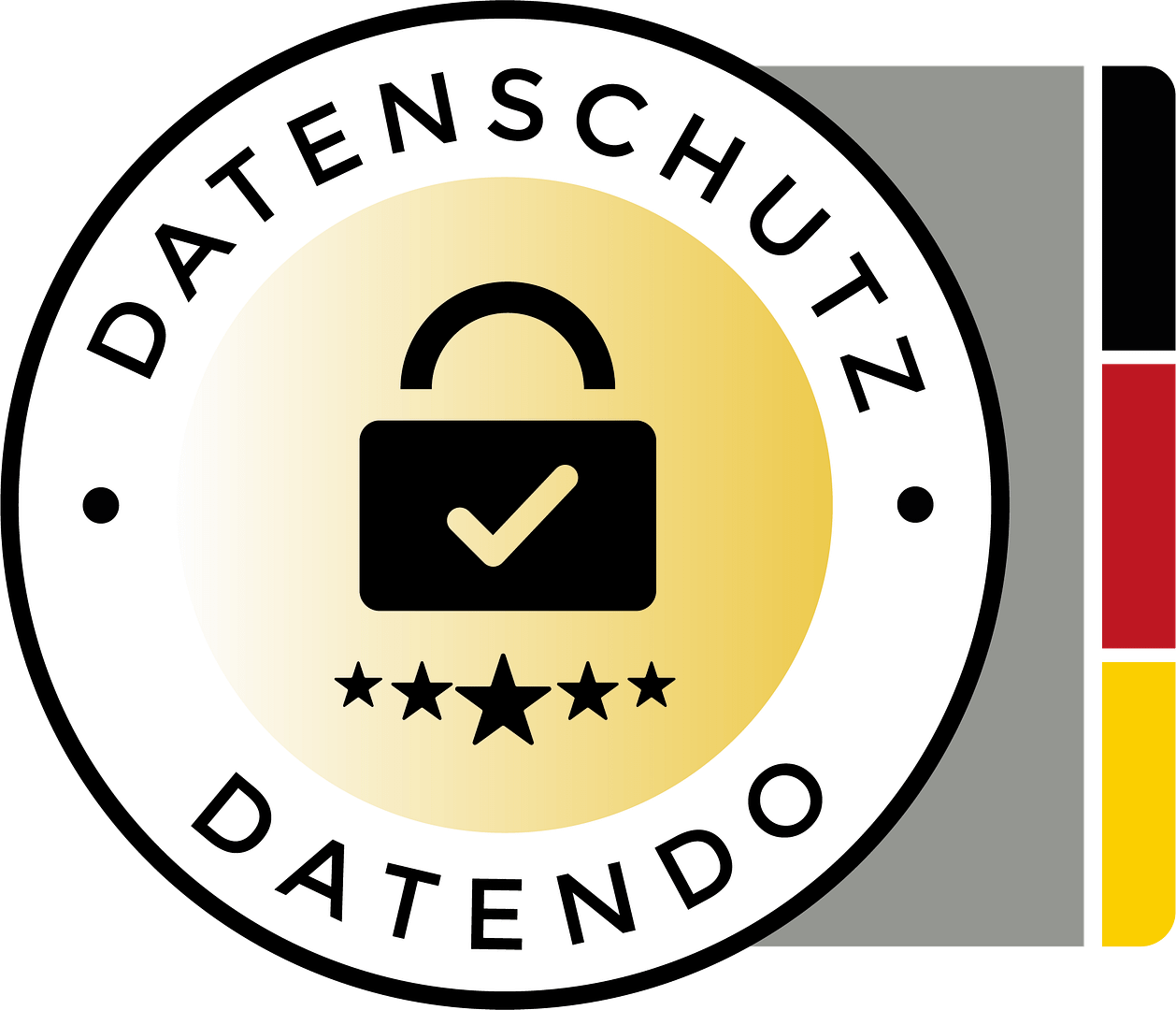 Rundes Siegel mit einem Schloss und dem Text 'Datenschutz Datendo' in goldener Farbe.