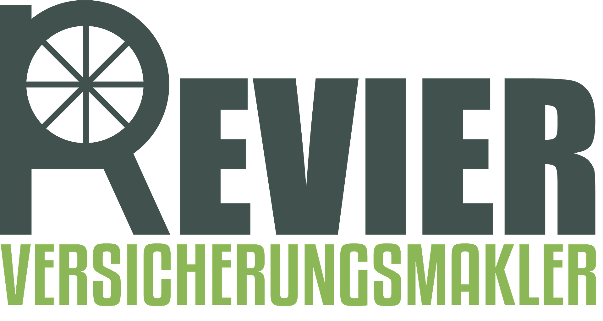 Logo von Revier Versicherungsmakler mit einem Rad und Schriftzug in Grau und Grün.