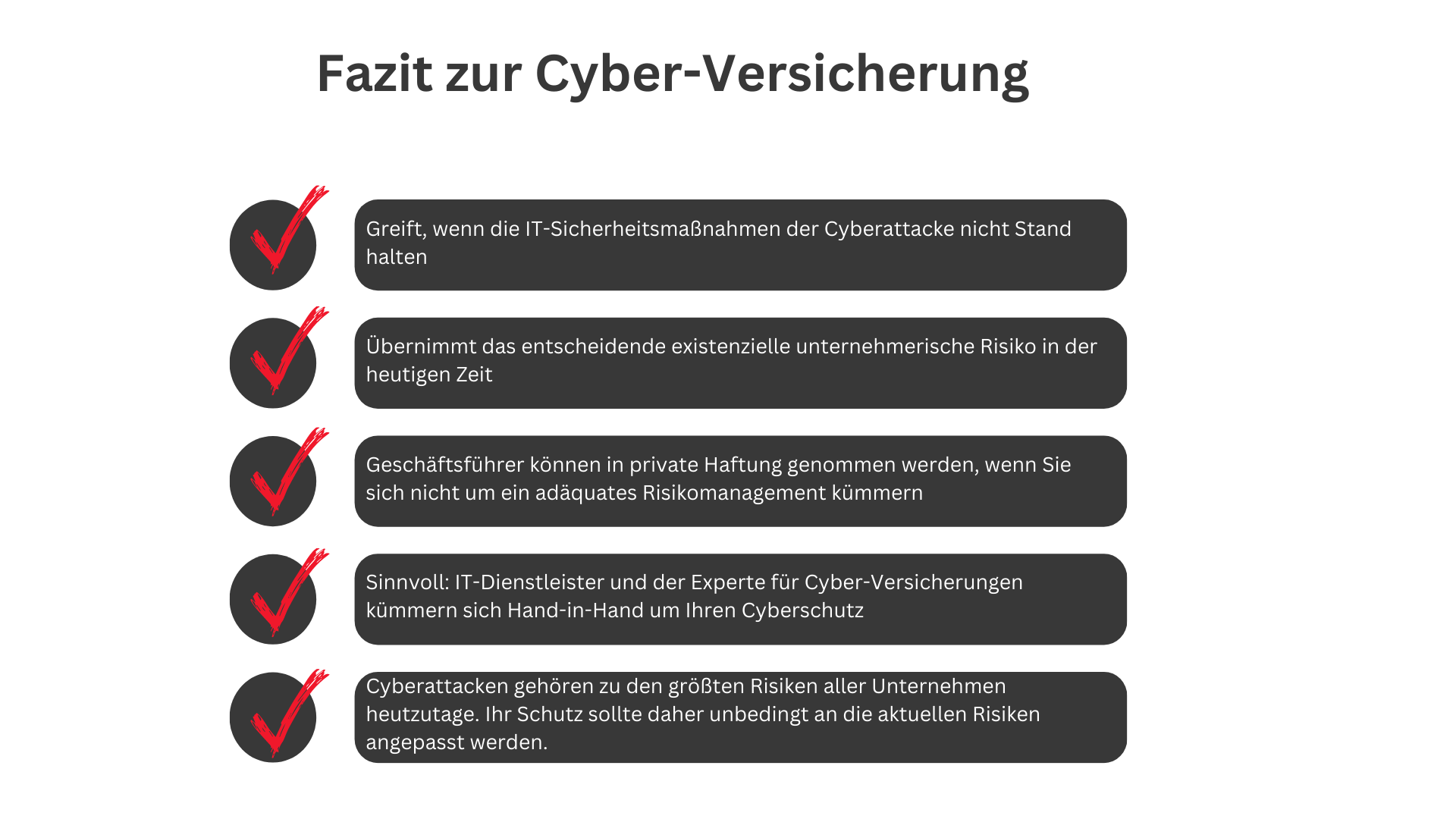 Text mit Fazit zur Cyber-Versicherung, einschließlich wichtiger Punkte zur IT-Sicherheit und Risikomanagement.