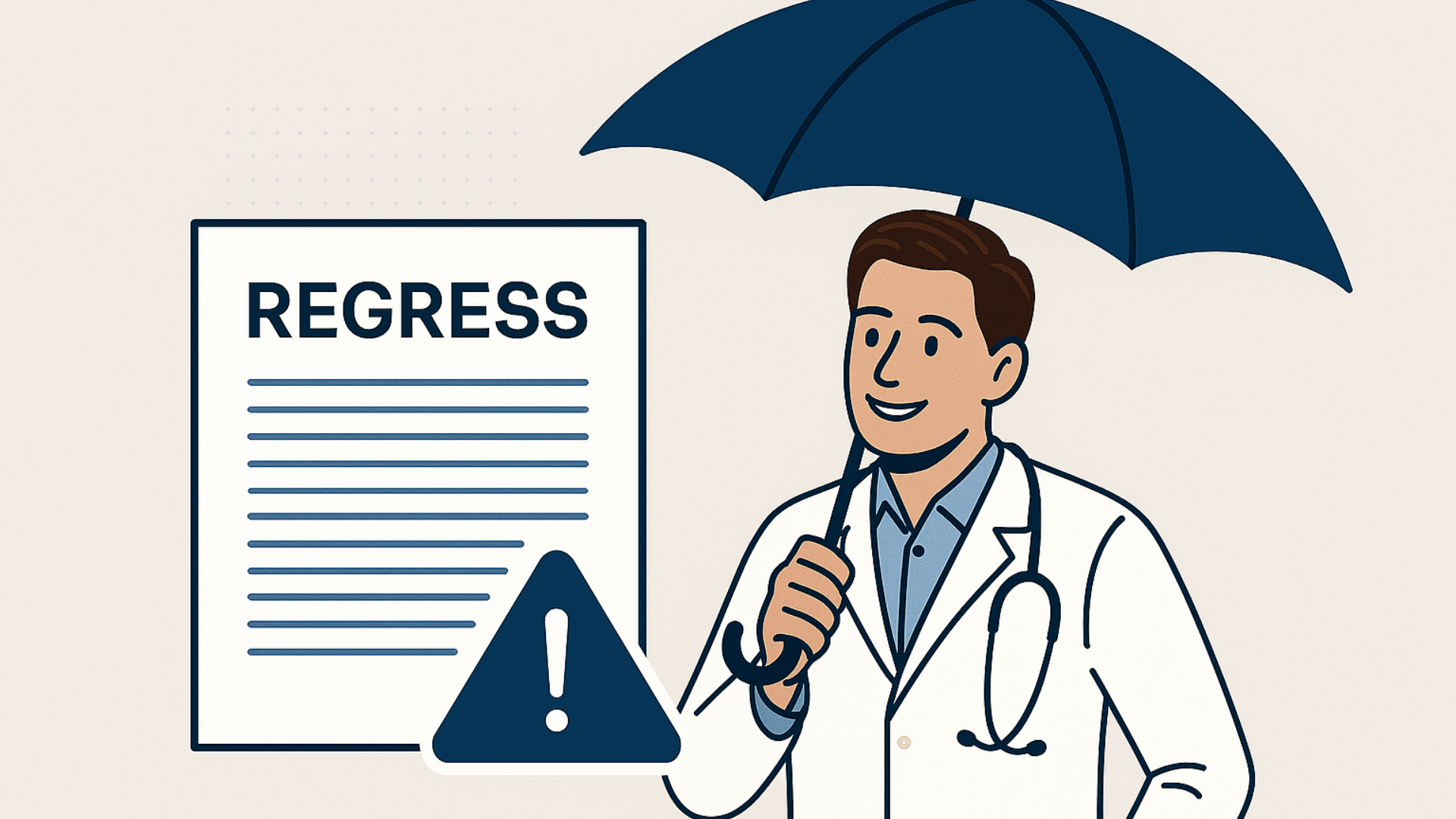 Ein Arzt in einem weißen Kittel hält einen Regenschirm und steht neben einem Dokument mit der Aufschrift 'REGRESS'.
