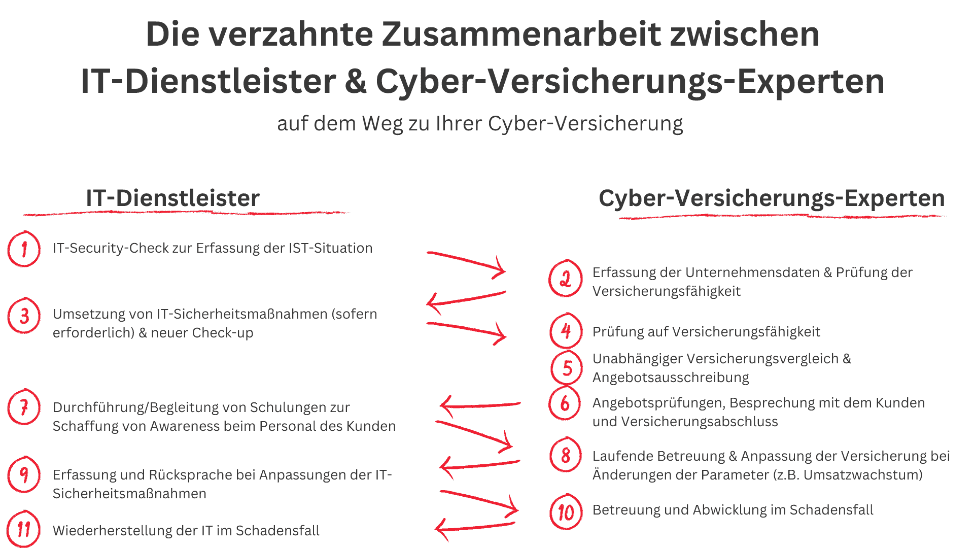 Grafik zur Zusammenarbeit zwischen IT-Dienstleister und Cyber-Versicherungsexperten mit mehreren Punkten.