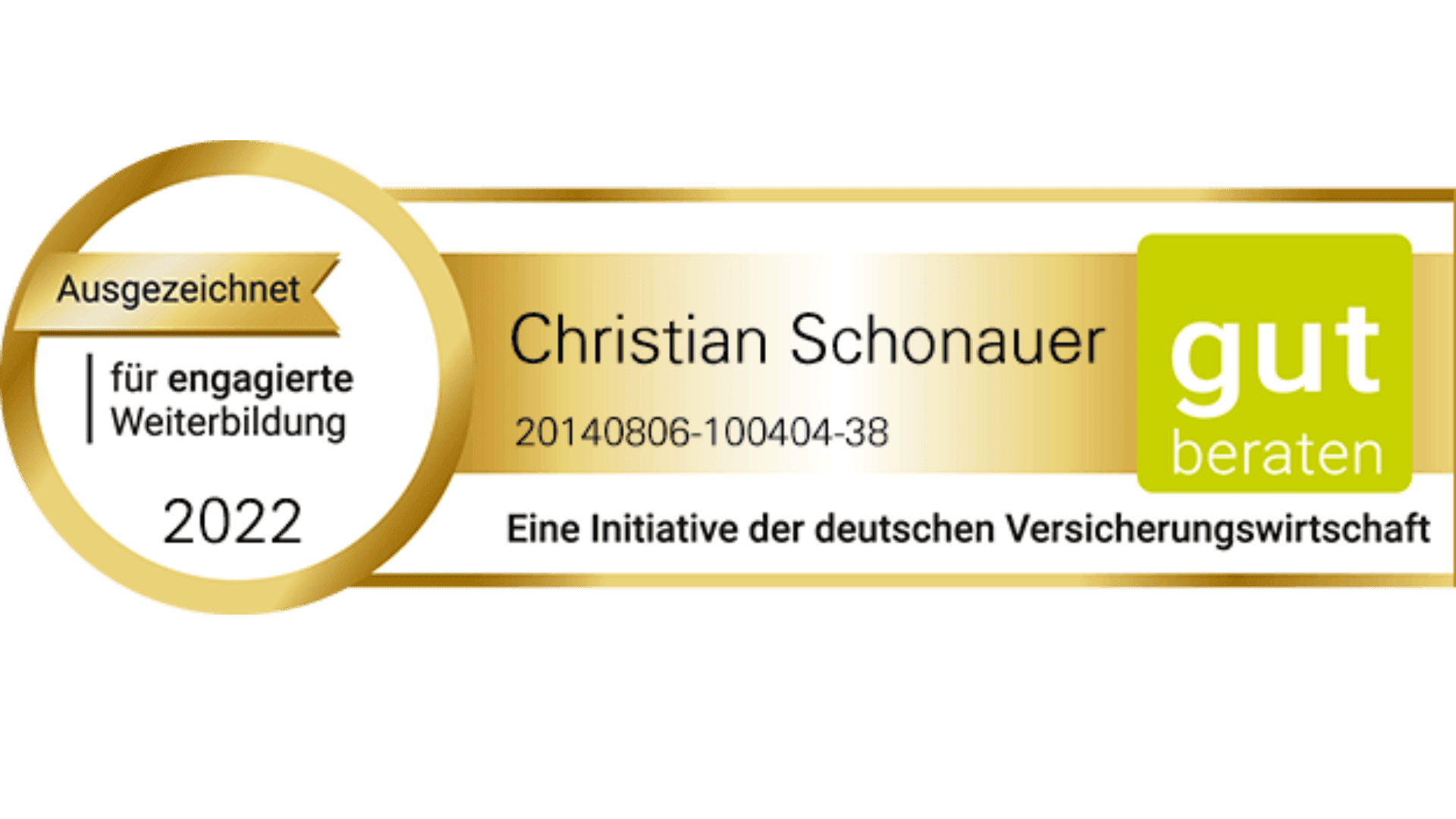 Zertifikat mit goldener Auszeichnung für engagierte Weiterbildung, 2022, mit dem Namen Christian Schonauer.
