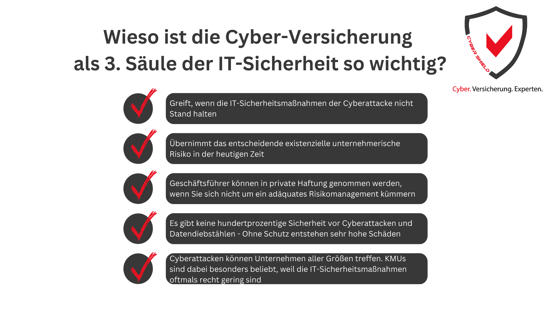 Grafik, die die Bedeutung der Cyber-Versicherung als dritte Säule der IT-Sicherheit darstellt.
