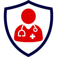 Rotes Symbol eines Arztes innerhalb eines blauen Schildes, das eine Versicherung darstellt.