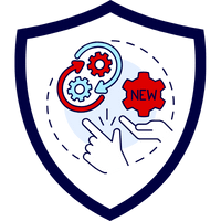 Grafik mit Zahnrädern und Händen, die auf ein neues Element zeigen, innerhalb eines Schildes.