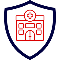 Symbol einer Arztpraxis in einem roten und blauen Schilddesign.