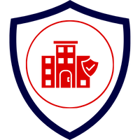 Logo einer Betriebshaftpflichtversicherung in einem Schild-Design mit rotem und blauem Farbkontrast.