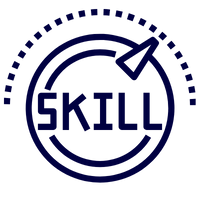 Symbol mit dem Wort 'SKILL' und einem Pfeil in einem Kreis, das Fähigkeiten darstellt.