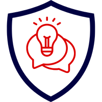 Logo einer Beratungsagentur mit einem stilisierten Schild und einem grafischen Symbol in Rot.