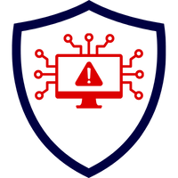 Ein rotes und blaues Symbol, das einen Computer in einem Schild darstellt, um Cyberversicherung zu repräsentieren.