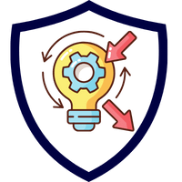 Grafik einer Glühbirne mit Zahnrädern, umgeben von einem blauen Schild.