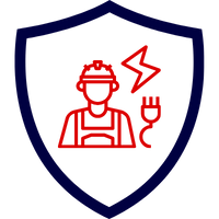 Rotes Symbol eines Elektrikers mit Werkzeug in einem blauen Schild.