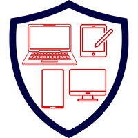 Grafik eines Schildes mit verschiedenen elektronischen Geräten in Rot und Blau.