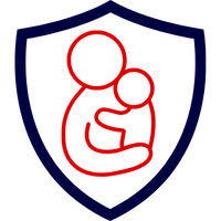 Ein rotes Symbol einer Mutter, die ein Kind in einem blauen Schild hält.