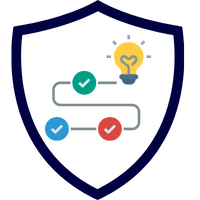 Grafisches Symbol mit einem Schild, einer Glühbirne und farbigen Punkten, die einen Weg darstellen.