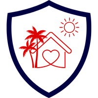 Grafisches Symbol eines Ferienhauses mit Herz, Sonne und Pflanzen in roter und blauer Farbe.