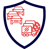 Ein Schild mit einem Symbol, das mehrere Fahrzeuge darstellt, in roter und blauer Farbe.