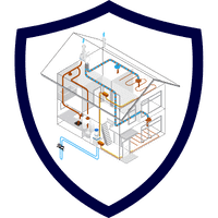 Technische Illustration eines Gebäudes mit verschiedenen Haustechniksystemen wie Wasser, Strom und Heizung.