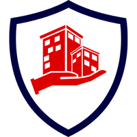 Logo einer Gewerbeimmobilienversicherung mit einem roten Gebäude in einem blauen Schild.