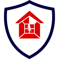 Grafisches Symbol einer Hausumriss mit einem Schutzschild und einem roten Haus innerhalb des Schildes.