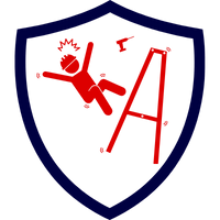 Logo einer Gruppenunfallversicherung mit einem stilisierten Bild eines fallenden Menschen auf einer Leiter.