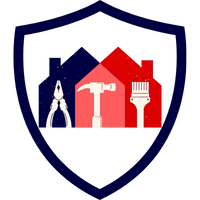 Logo einer Handwerkerversicherung mit Werkzeugen und Häusern in einem Schild-Design.