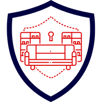 Logo der Hausratversicherung in rot und blau mit einem Schild und einem Schlüsselsymbol.